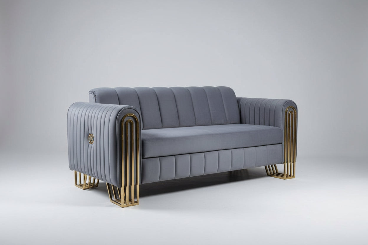 Gray sofa with gold legs on a white background