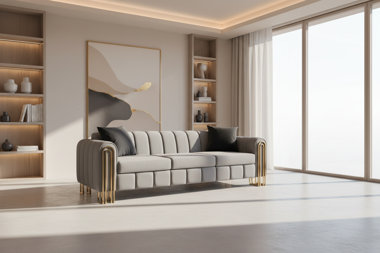 Modern living room with a gray sofa, bookshelves, and large windows.