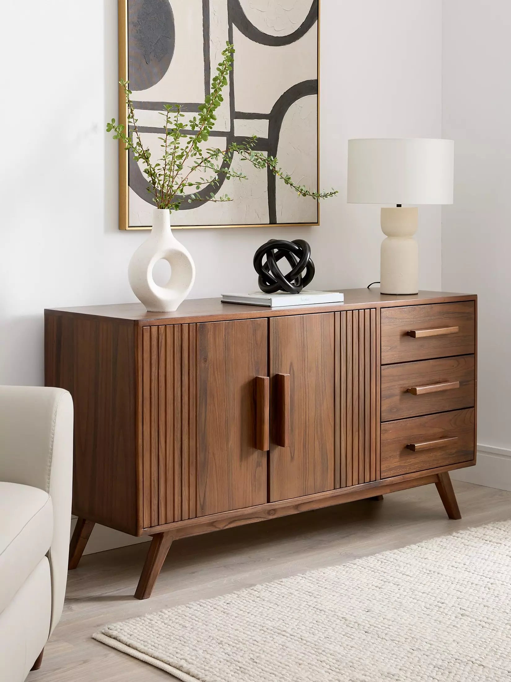 Mid-Century Fluted Walnut Sideboard Cabinet