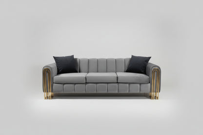 Gray sofa with black cushions on a white background