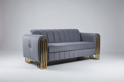 Gray sofa with gold legs on a white background