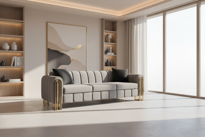 Modern living room with a gray sofa, bookshelves, and large windows.