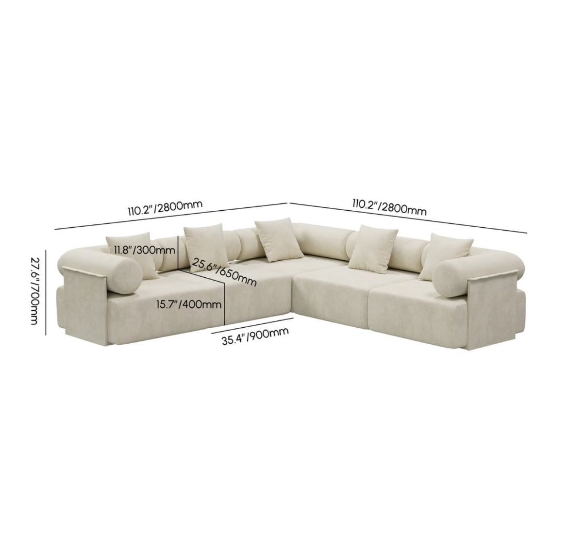 110" 5-Piece Moduler white velvet L-Shaped sectional sofa